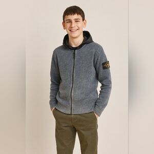 Stone Island Junior Faded Gray Lightweight Hoodie with Nylon Hood & Compass Patc